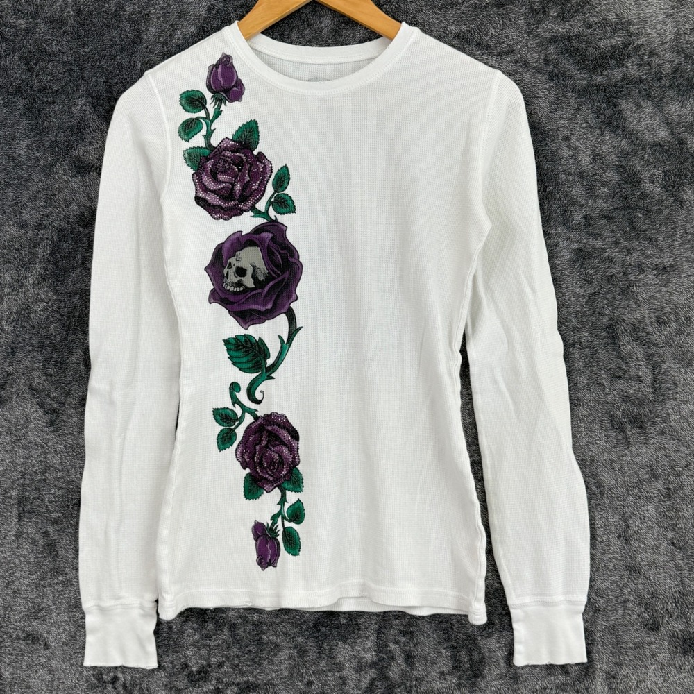 Sinful by Affliction Womens White Thermal Shirt Medium Rose Skull Rhinestone